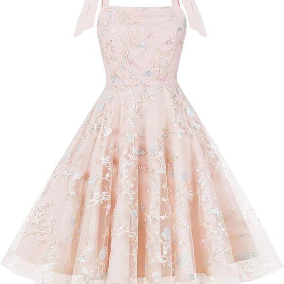 Dresses & Skirts - Women Vintage Floral Embroidered Tulle Prom Dress Pink X-Large Elegant Party